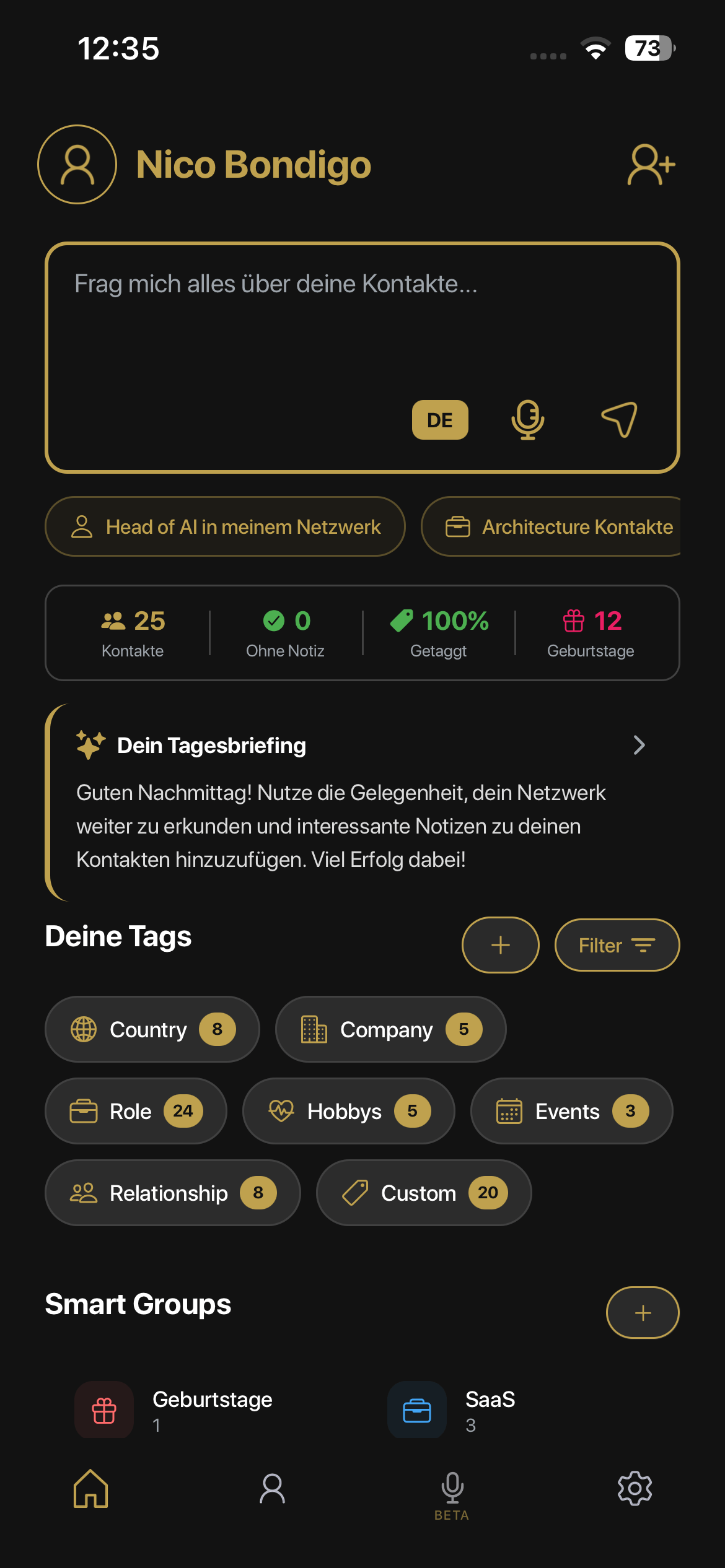 Bondigo contact details screen displaying comprehensive information and AI-generated notes from conversations