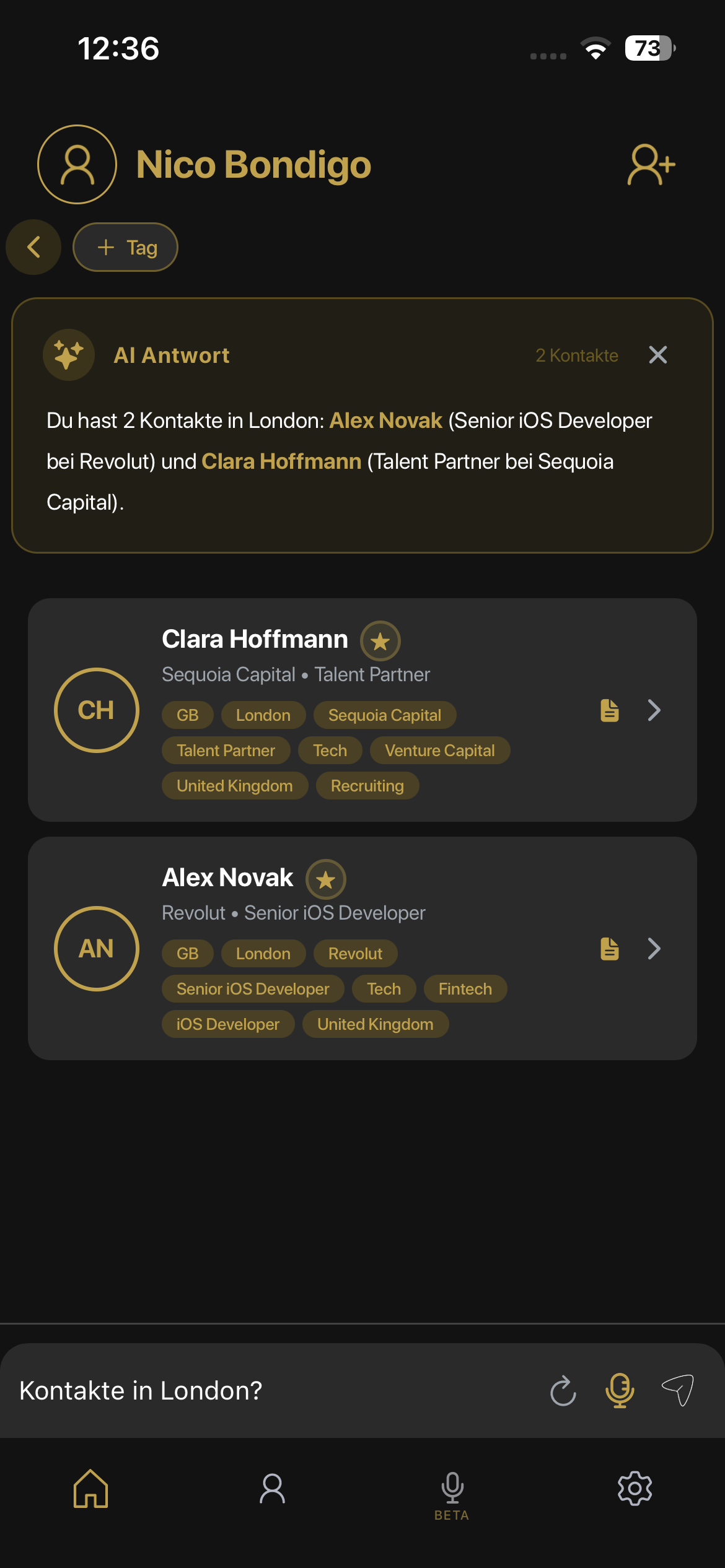 Bondigo notes interface showing voice memos and AI-transcribed conversation summaries