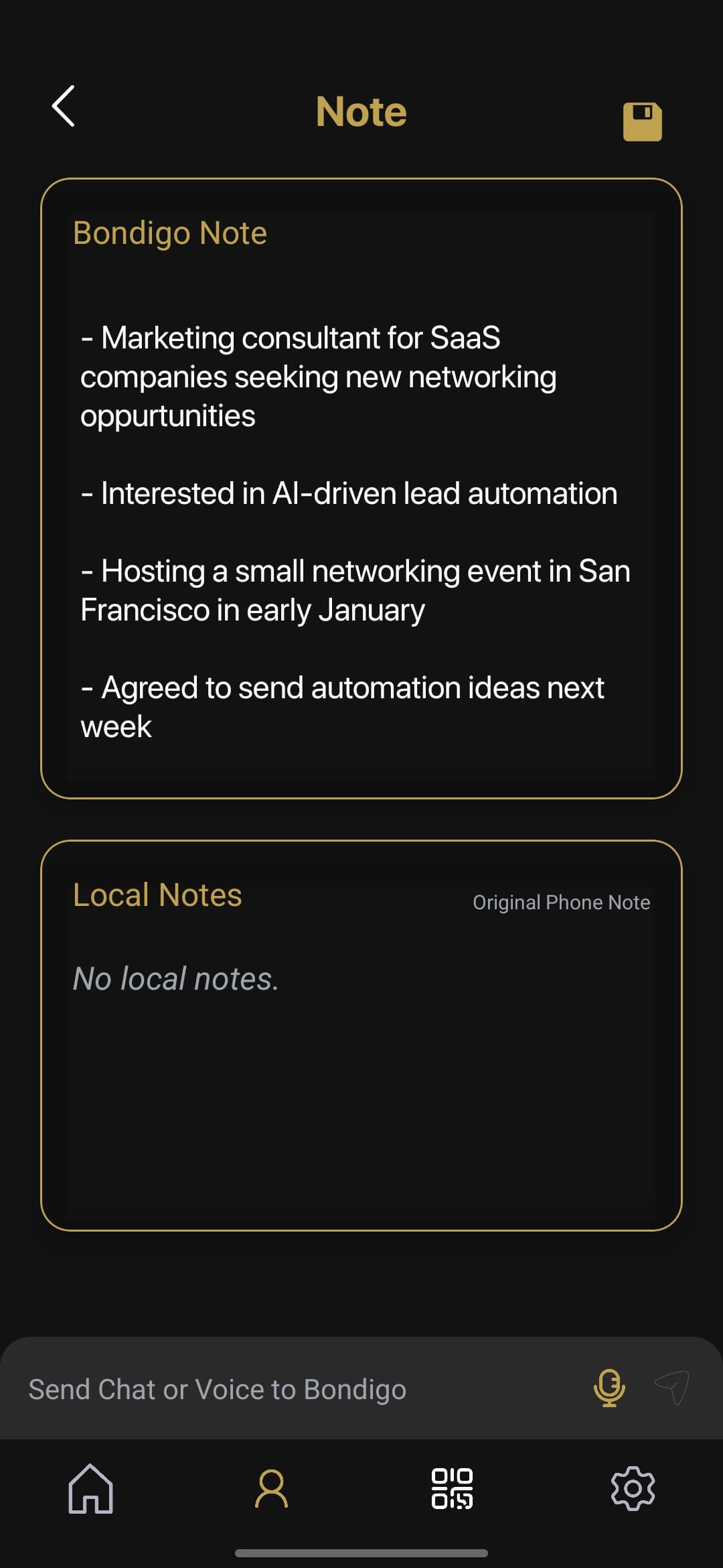 Bondigo notes interface showing voice memos and AI-transcribed conversation summaries