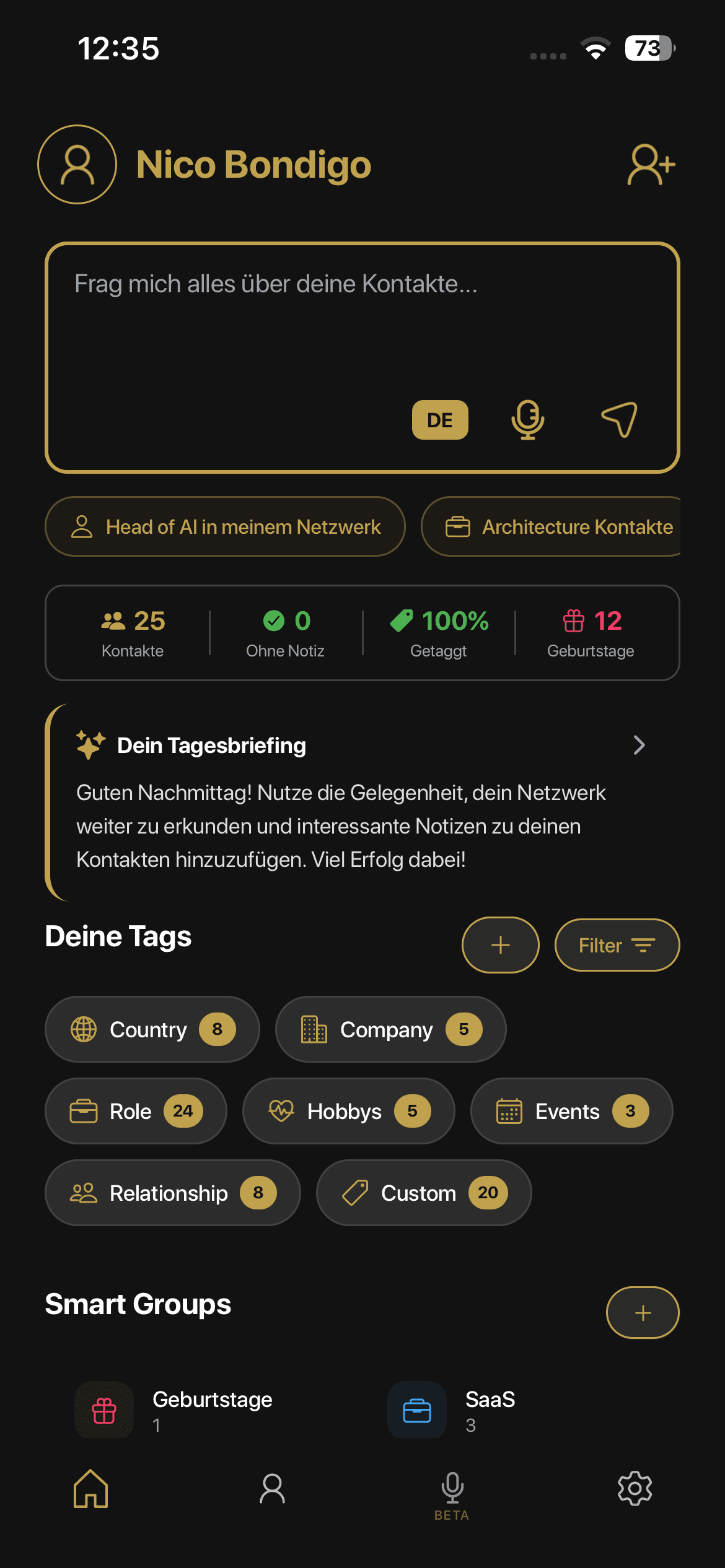 Bondigo contact details screen displaying comprehensive information and AI-generated notes from conversations
