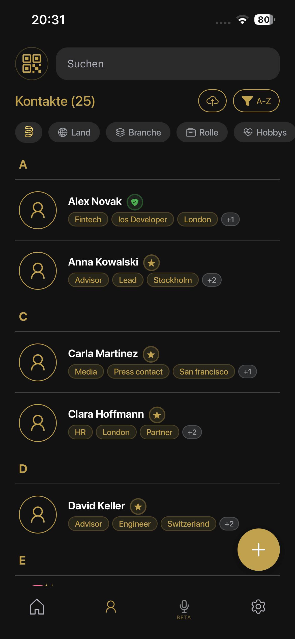 Bondigo app showing organized contact list with search functionality and AI-powered insights